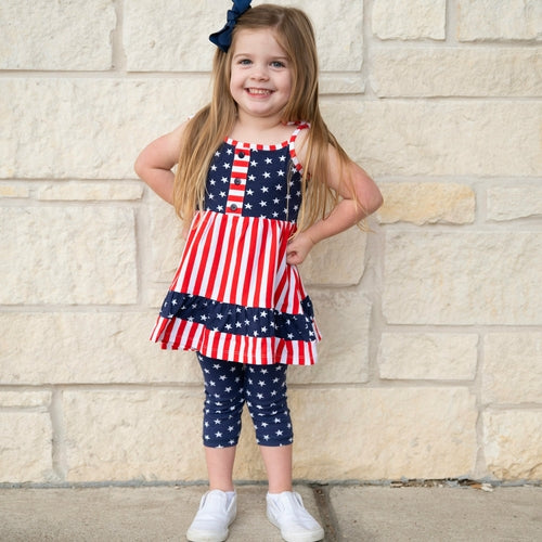 Girls 4th Of July, Stars & Striped Dress & Capri Leggings