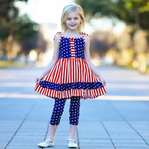 Girls 4th Of July, Stars & Striped Dress & Capri Leggings