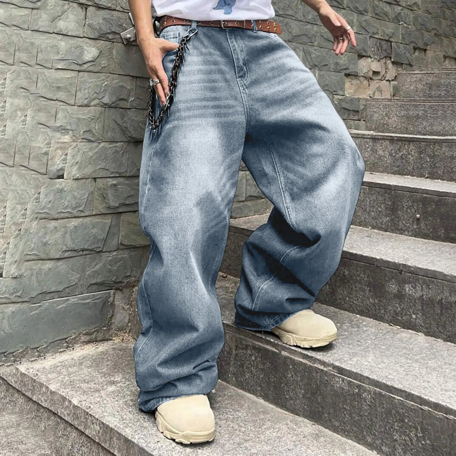 Men's Baggy Denim Pants, Wide Leg, High Waist, Belt Casual Pants, Loose Plus Size Stylish Streetwear