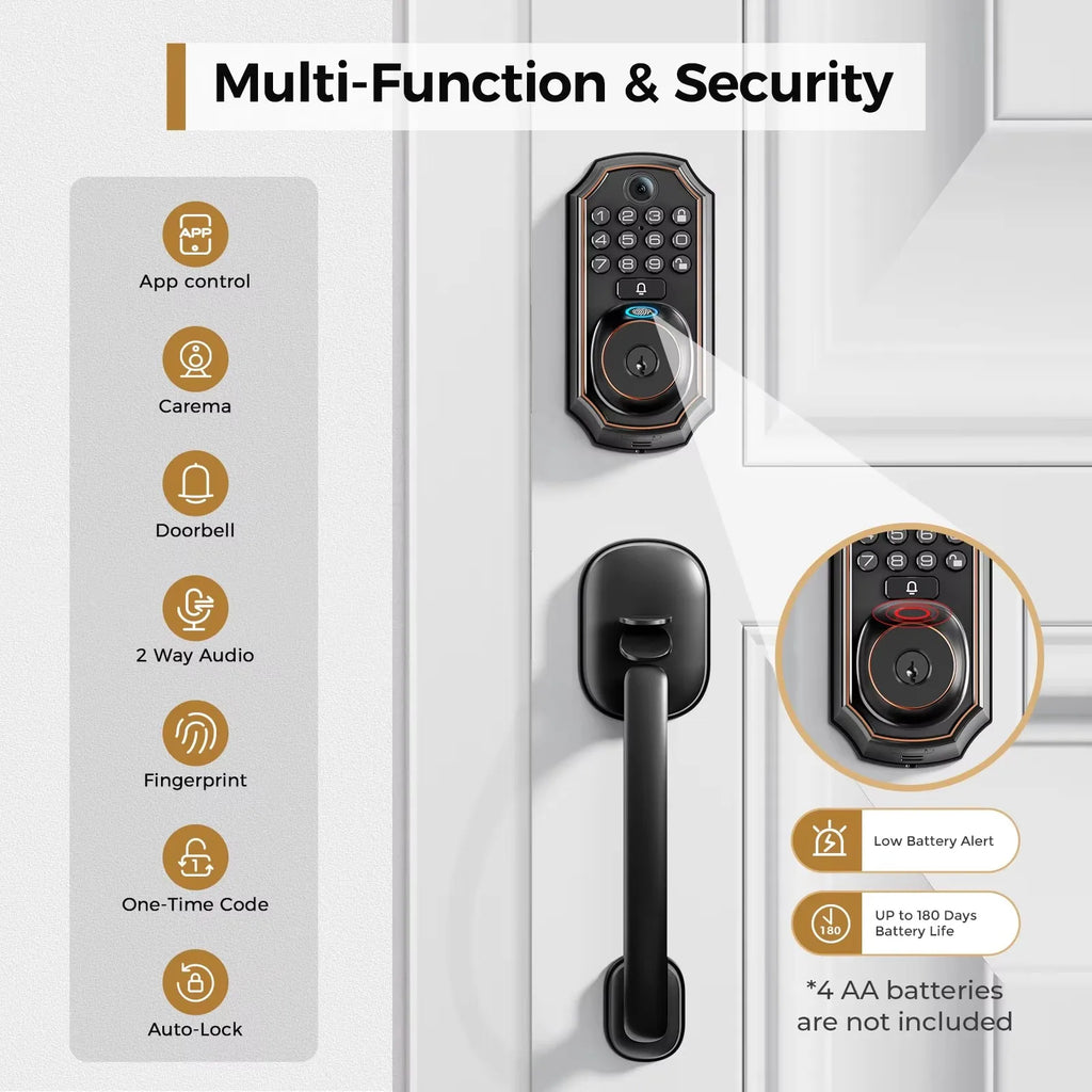 Smart Wi-Fi Keyless Door Lock With Camera, Bluetooth Technology, Users Can Unlock Front Door Lock Via APP Access, Fingerprint, Keypad Code or, Traditional Keys, Camera & Doorbell, 130 Wide Angle Lens, Two Way Microphone & Speaker....63.67 % OFF!