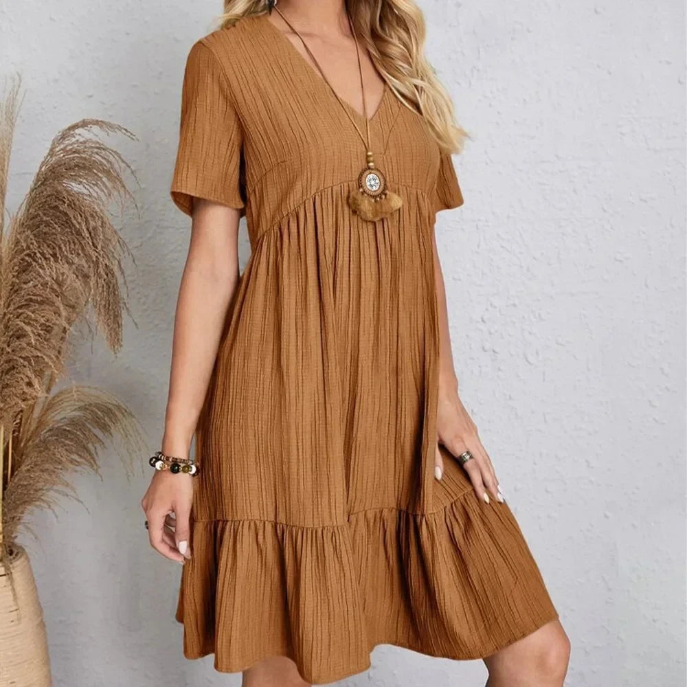 Women's V-Neck Short Sleeve Dress, Loose Waist, Ruffle Fit Flare....20% OFF!