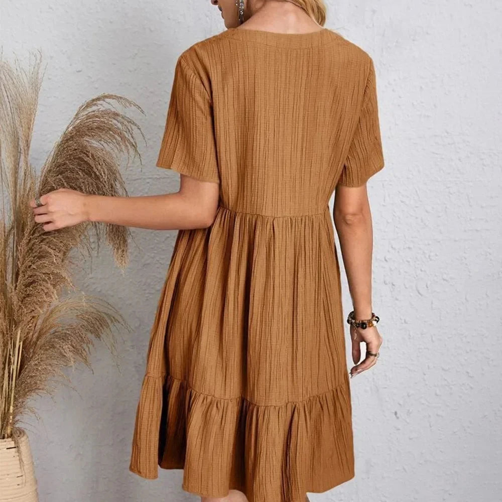 Women's V-Neck Short Sleeve Dress, Loose Waist, Ruffle Fit Flare....20% OFF!