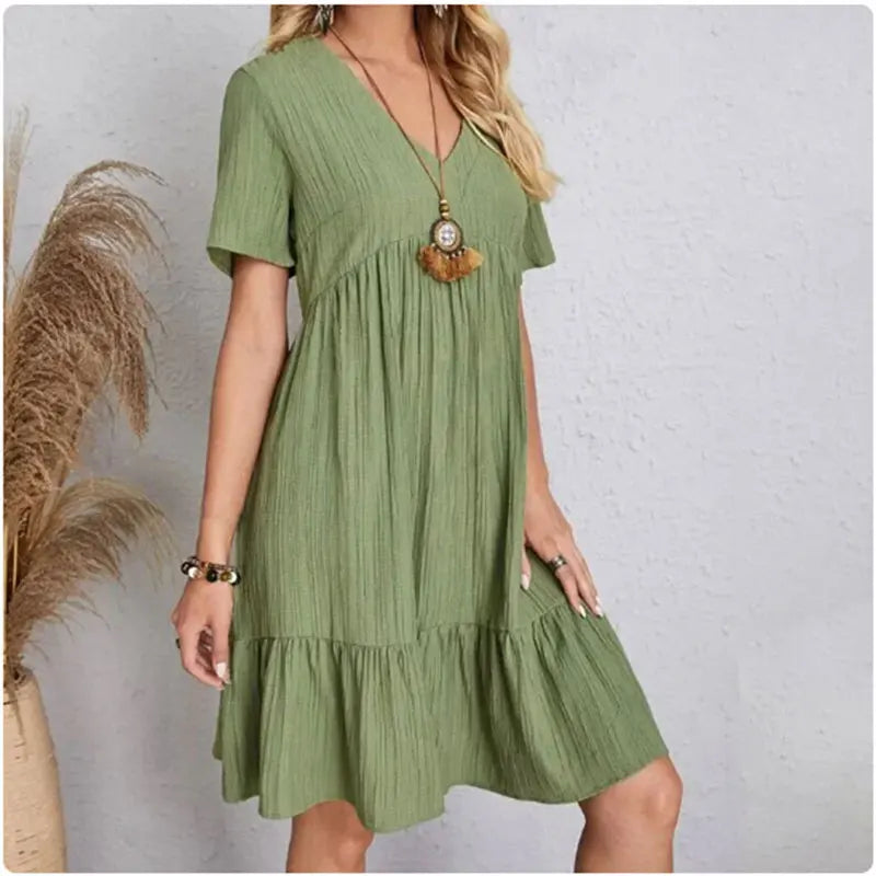 Women's V-Neck Short Sleeve Dress, Loose Waist, Ruffle Fit Flare....20% OFF!
