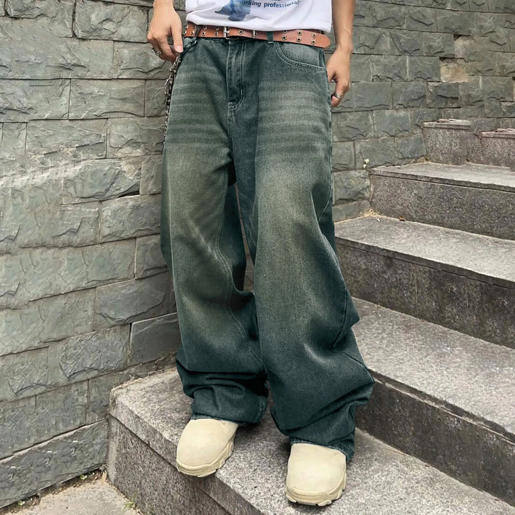 Men's Baggy Denim Pants, Wide Leg, High Waist, Belt Casual Pants, Loose Plus Size Stylish Streetwear