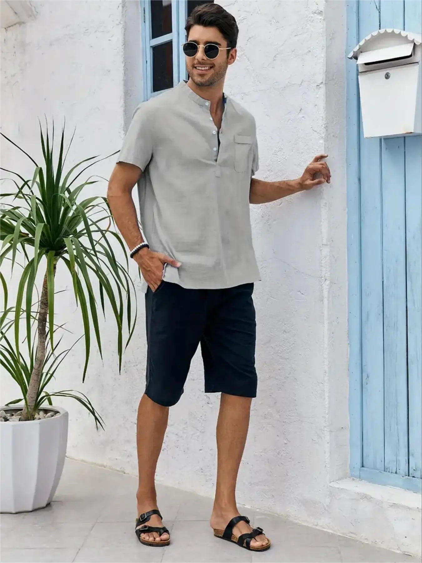 Men's Cotton/Linen Shirt With Pocket, Casual Polo Shirt....20% OFF!