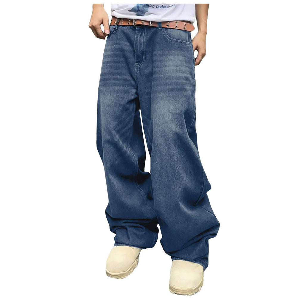 Men's Baggy Denim Pants, Wide Leg, High Waist, Belt Casual Pants, Loose Plus Size Stylish Streetwear
