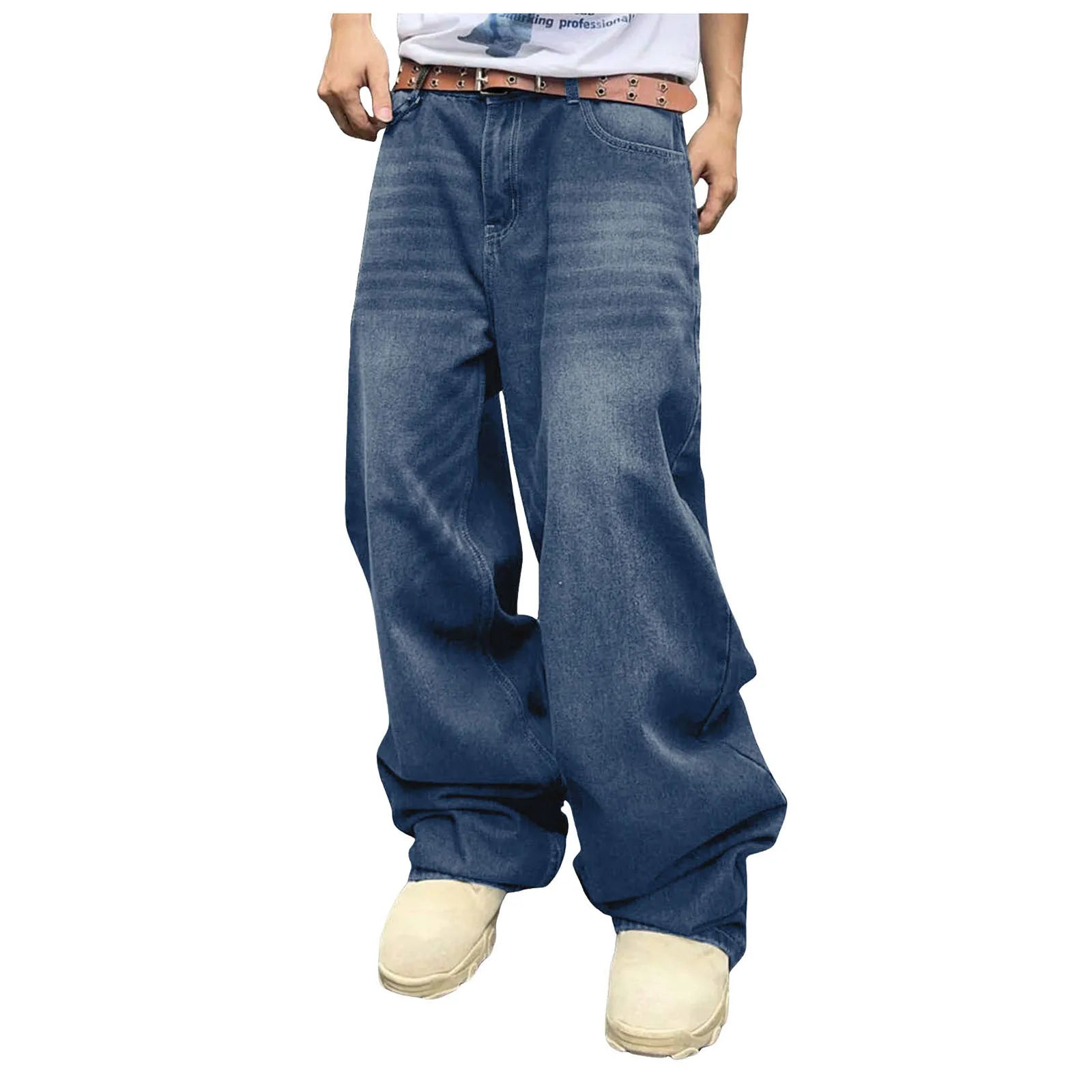 Men's Baggy Denim Pants, Wide Leg, High Waist, Belt Casual Pants, Loose Plus Size Stylish Streetwear