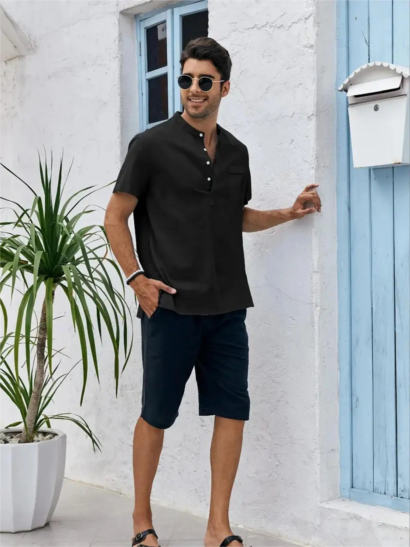 Men's Cotton/Linen Shirt With Pocket, Casual Polo Shirt....20% OFF!