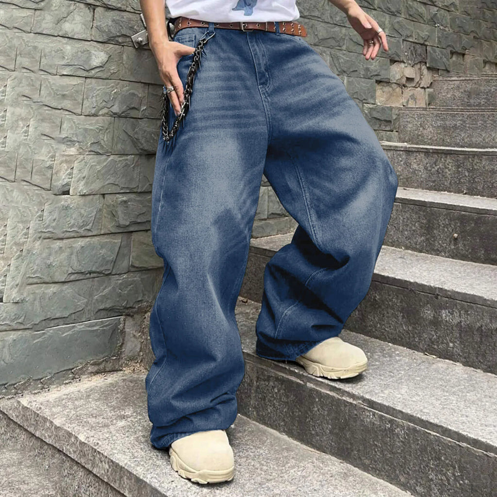 Men's Baggy Denim Pants, Wide Leg, High Waist, Belt Casual Pants, Loose Plus Size Stylish Streetwear