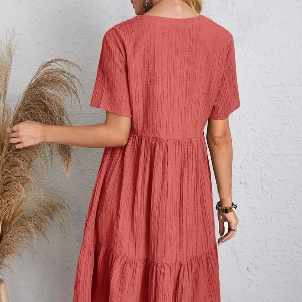 Women's V-Neck Short Sleeve Dress, Loose Waist, Ruffle Fit Flare....20% OFF!