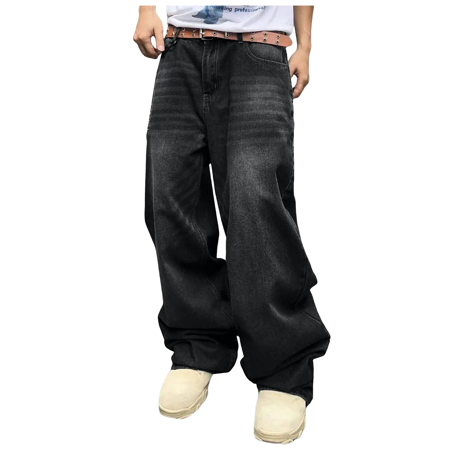 Men's Baggy Denim Pants, Wide Leg, High Waist, Belt Casual Pants, Loose Plus Size Stylish Streetwear