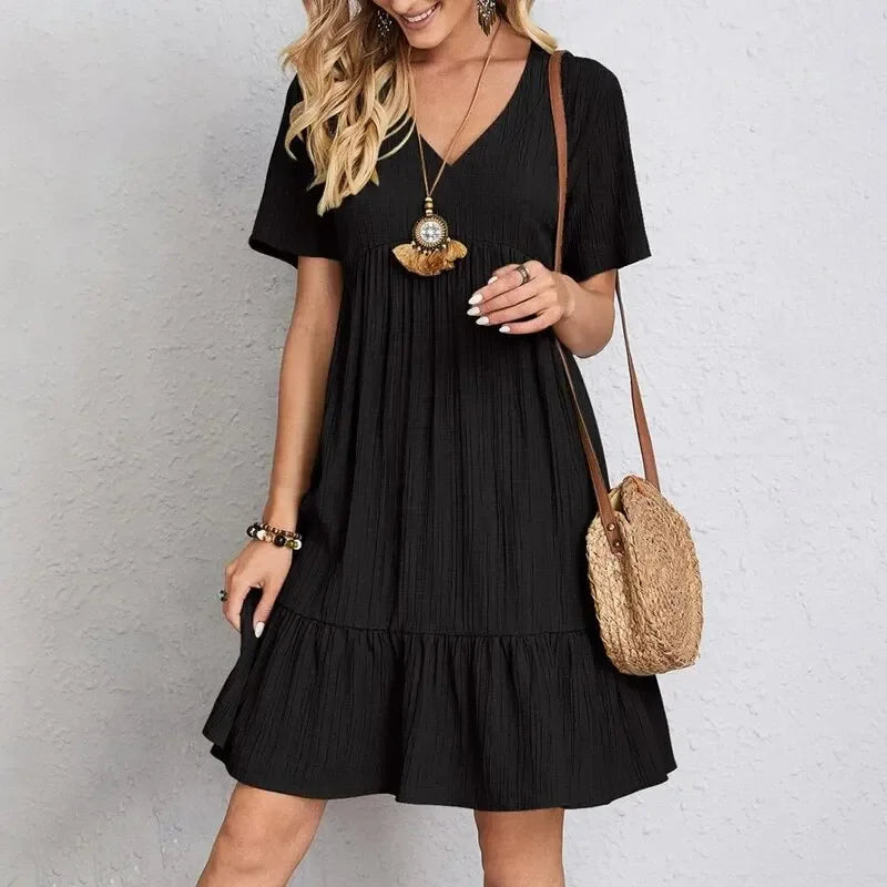 Women's V-Neck Short Sleeve Dress, Loose Waist, Ruffle Fit Flare....20% OFF!