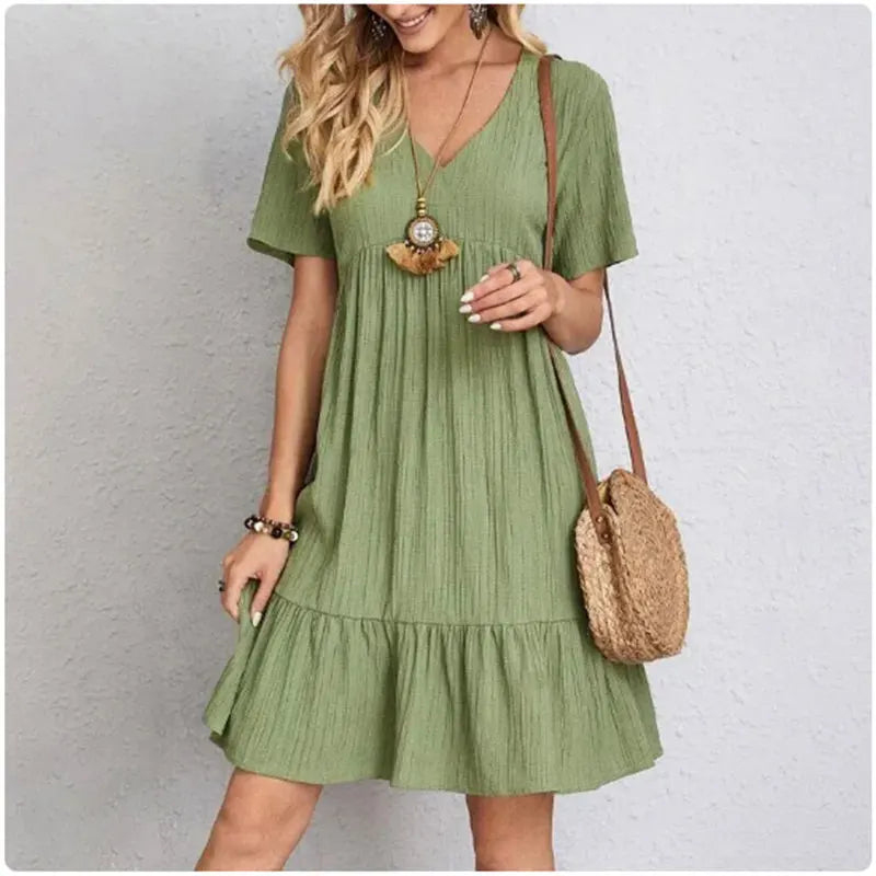 Women's V-Neck Short Sleeve Dress, Loose Waist, Ruffle Fit Flare....20% OFF!