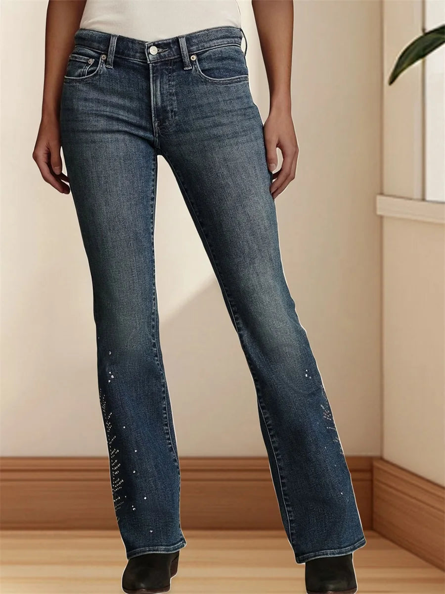 Women's High-Waisted Rhinestone Flared Jeans With Embellished Pockets & Frayed Hemline.....15% OFF!