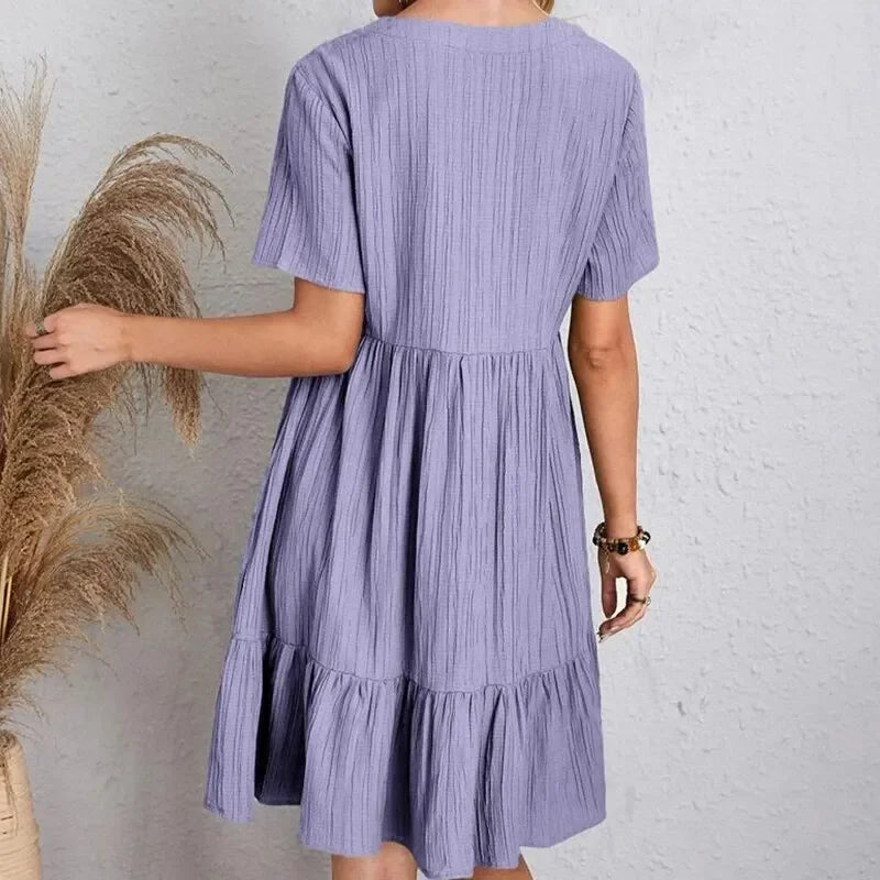 Women's V-Neck Short Sleeve Dress, Loose Waist, Ruffle Fit Flare....20% OFF!