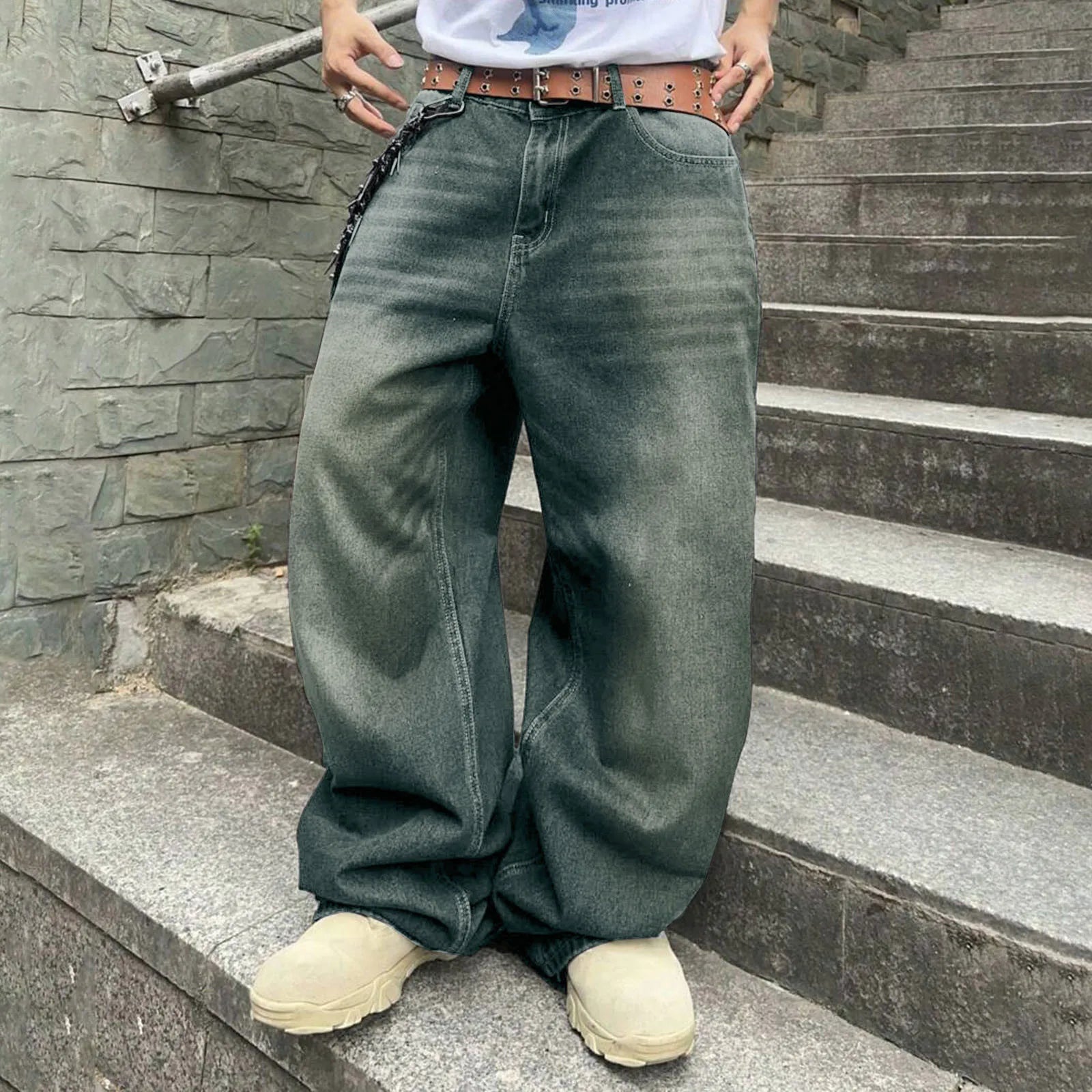 Men's Baggy Denim Pants, Wide Leg, High Waist, Belt Casual Pants, Loose Plus Size Stylish Streetwear