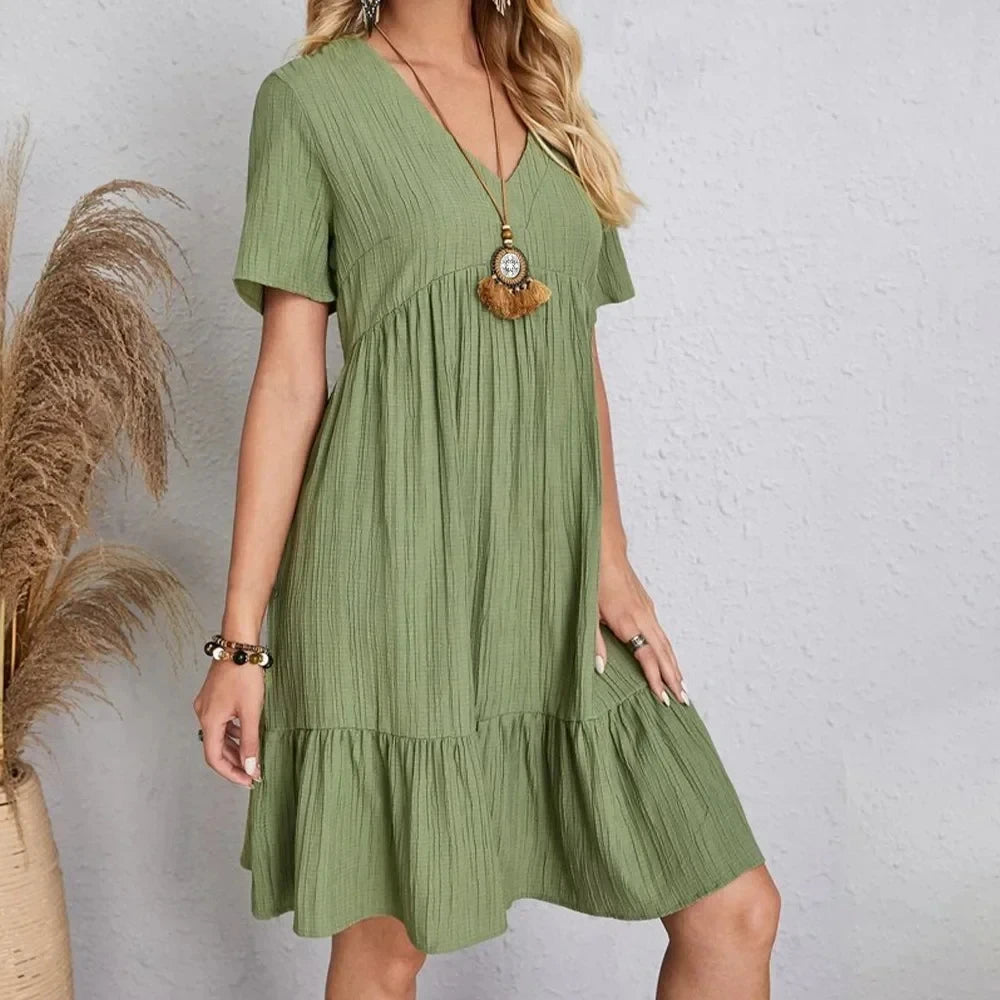 Women's V-Neck Short Sleeve Dress, Loose Waist, Ruffle Fit Flare....20% OFF!