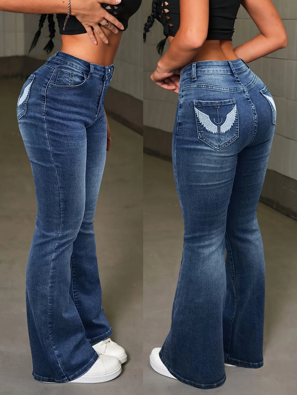 Women's Casual Stretchy High Waist Wings, Embroidered Flare Leg Jeans, Sexy Retro Pocket....14.95% OFF!