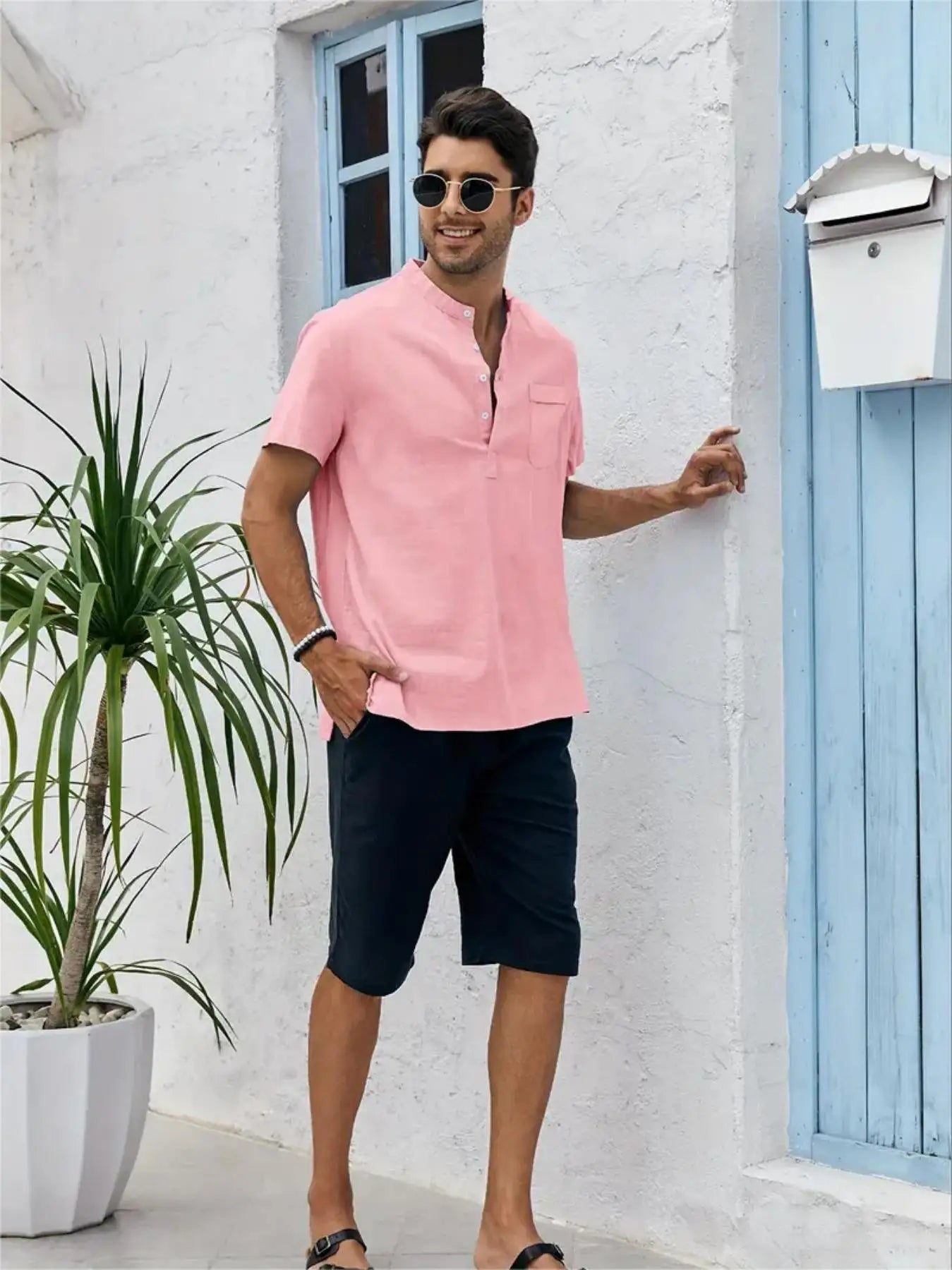 Men's Cotton/Linen Shirt With Pocket, Casual Polo Shirt....20% OFF!