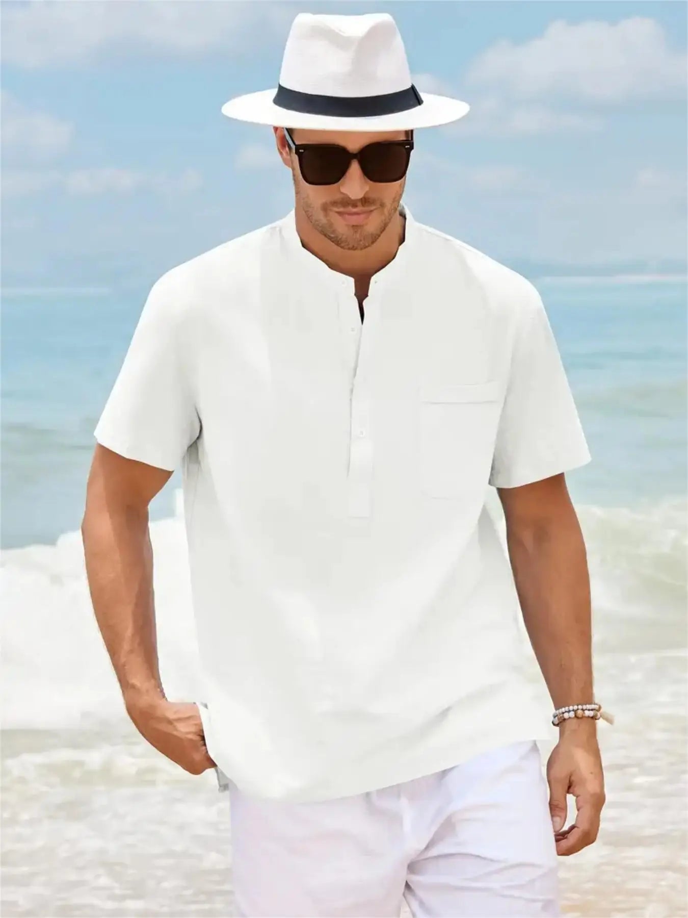 Men's Cotton/Linen Shirt With Pocket, Casual Polo Shirt....20% OFF!