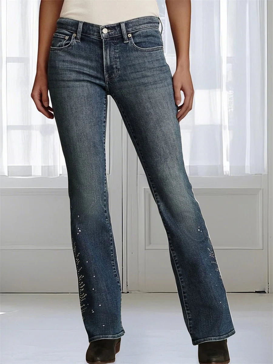 Women's High-Waisted Rhinestone Flared Jeans With Embellished Pockets & Frayed Hemline.....15% OFF!