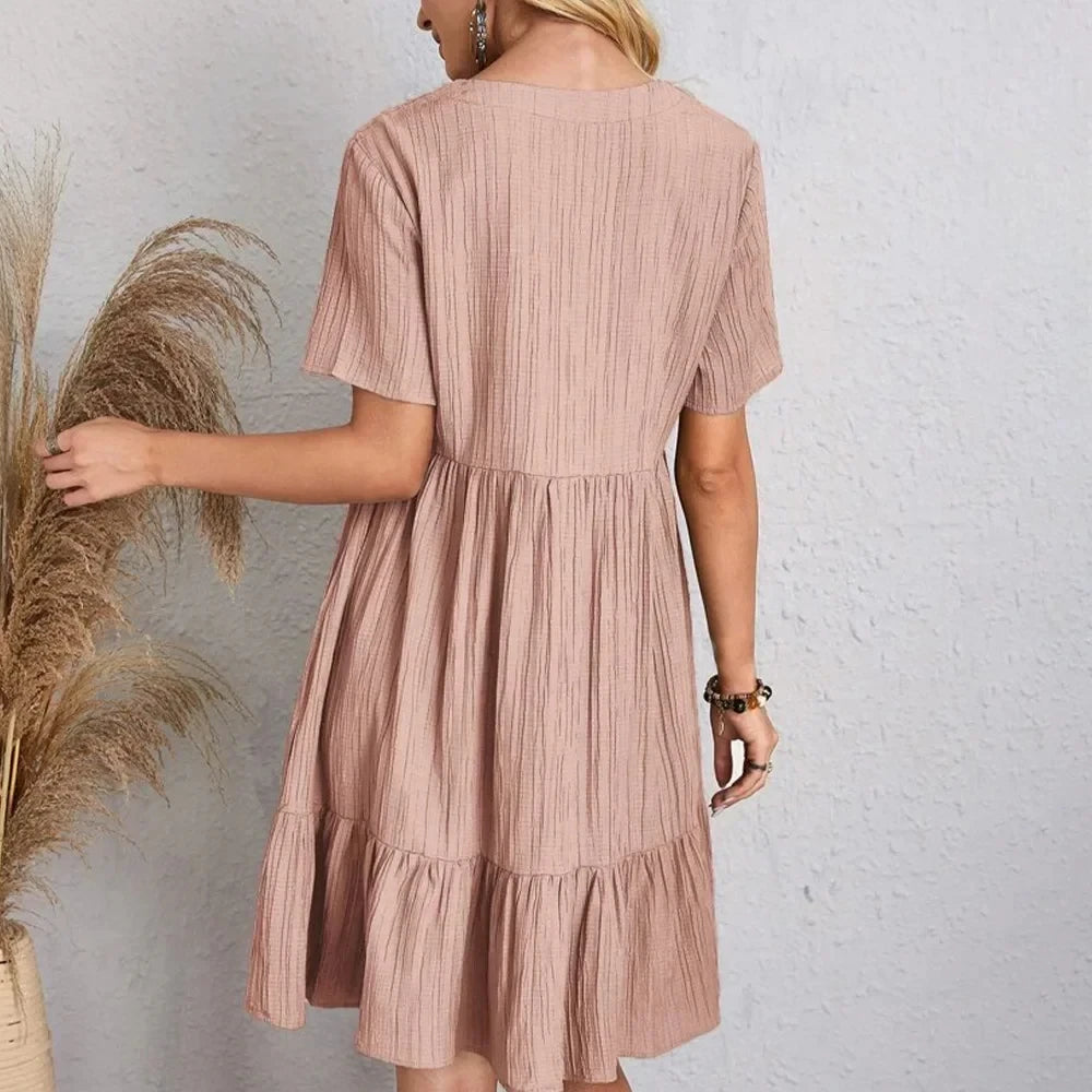 Women's V-Neck Short Sleeve Dress, Loose Waist, Ruffle Fit Flare....20% OFF!