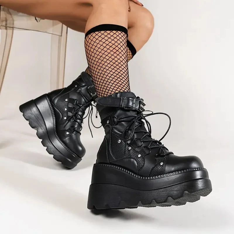 Women's Wedge Combat Ankle Boots, Stylish Punk Buckle Lace-Up Zipper & Buckle Strap....20% OFF!
