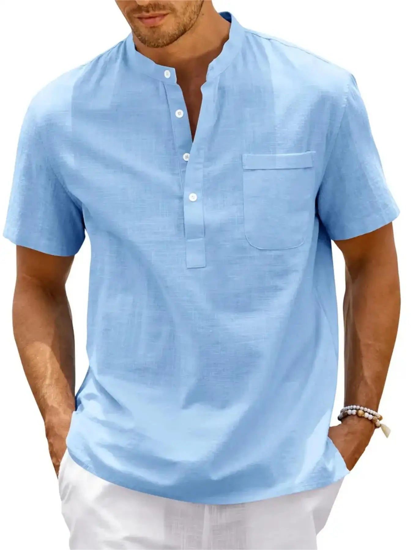 Men's Cotton/Linen Shirt With Pocket, Casual Polo Shirt....20% OFF!