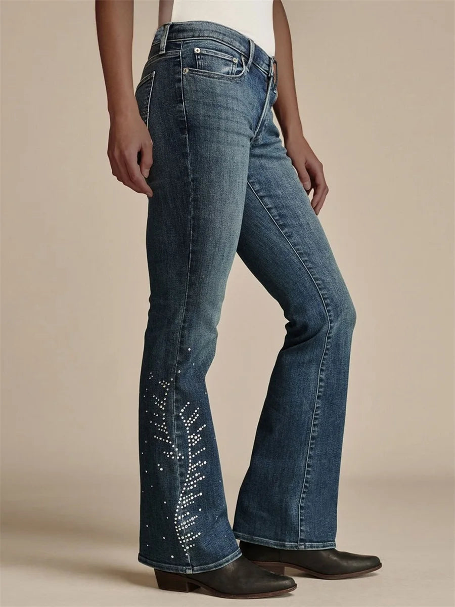 Women's High-Waisted Rhinestone Flared Jeans With Embellished Pockets & Frayed Hemline.....15% OFF!