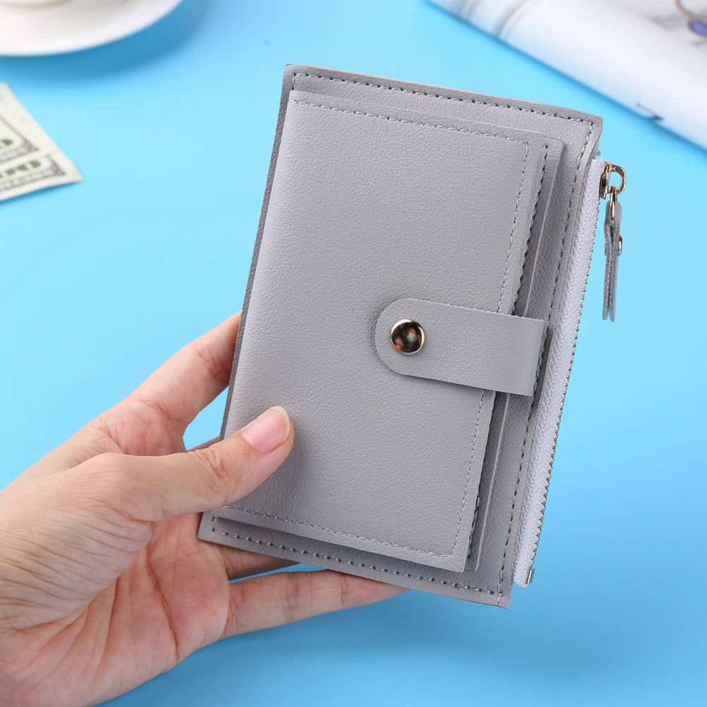 Women's Fashion Leather Credit Card Holder, Multi-Slot, Zipper, Wallet, Solid Color's Card Case With Mini Coin Purse
