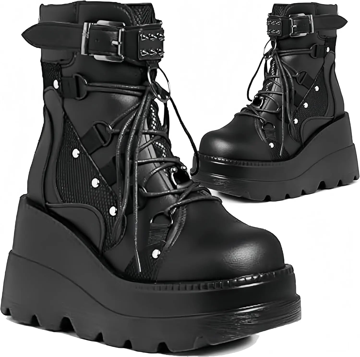 Women's Wedge Combat Ankle Boots, Stylish Punk Buckle Lace-Up Zipper & Buckle Strap....20% OFF!