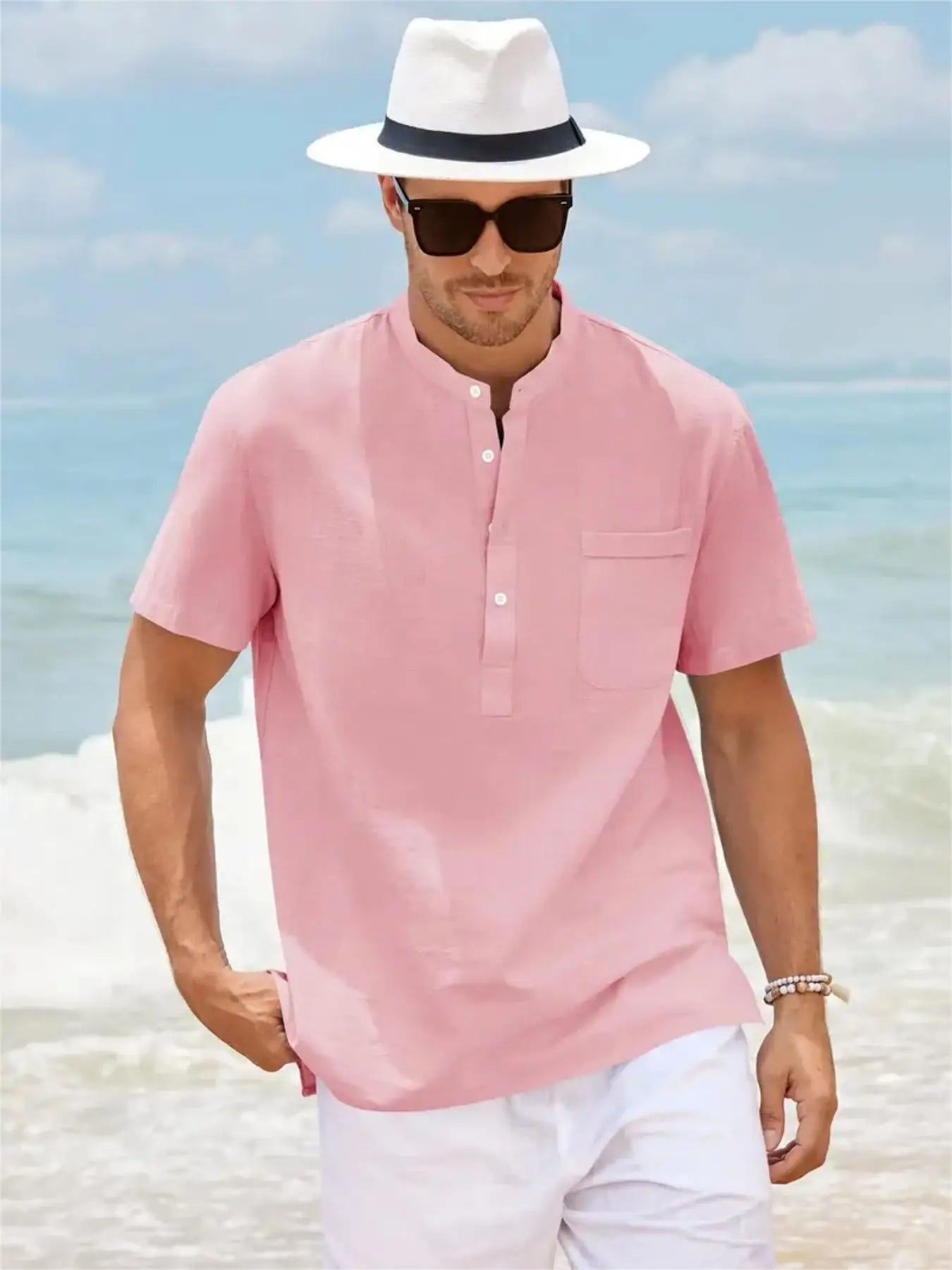Men's Cotton/Linen Shirt With Pocket, Casual Polo Shirt....20% OFF!