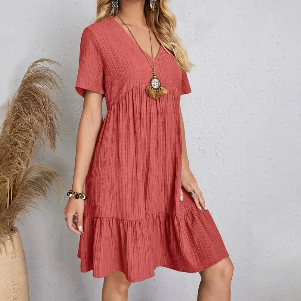 Women's V-Neck Short Sleeve Dress, Loose Waist, Ruffle Fit Flare....20% OFF!