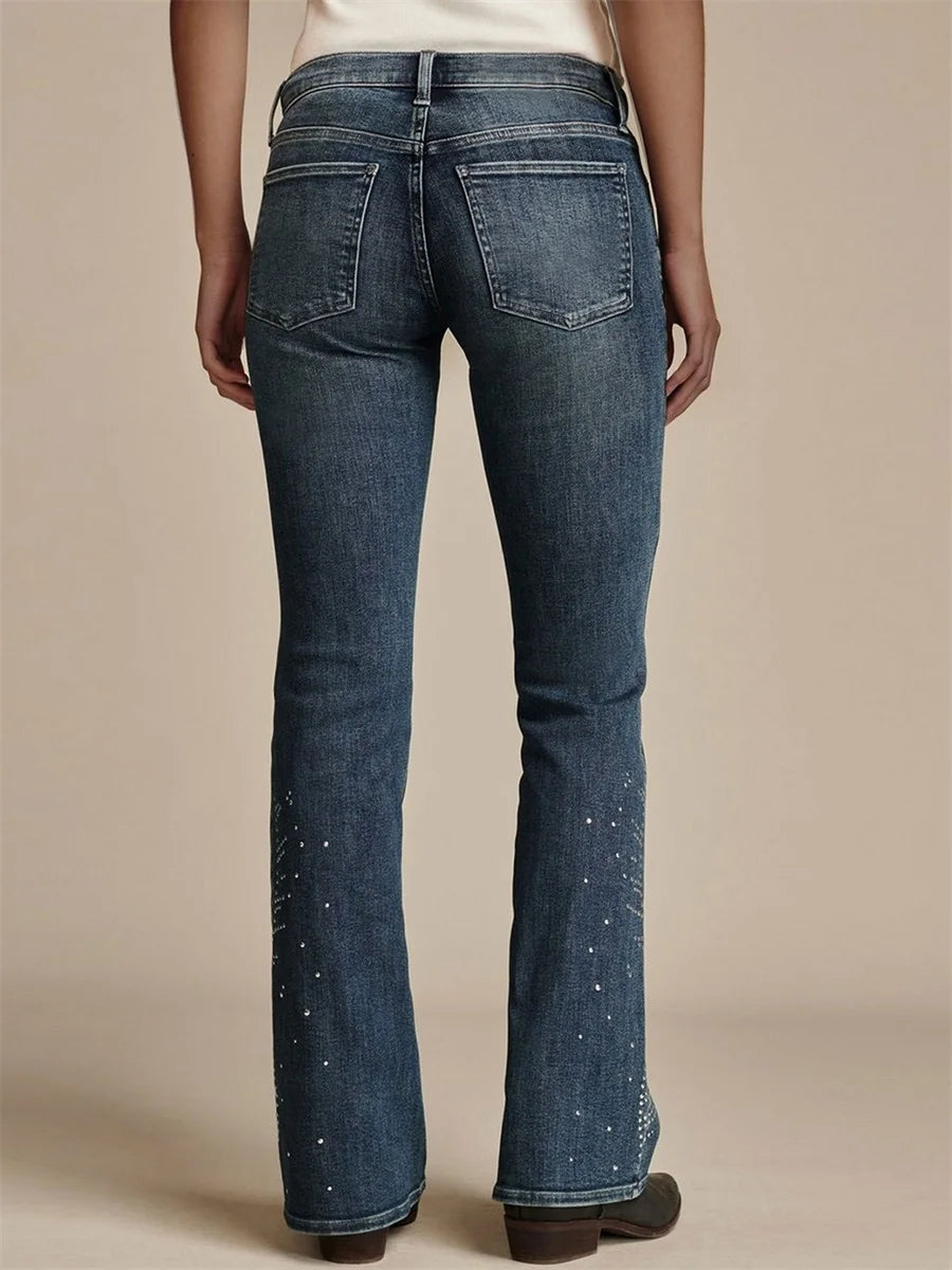 Women's High-Waisted Rhinestone Flared Jeans With Embellished Pockets & Frayed Hemline.....15% OFF!