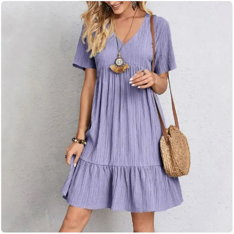 Women's V-Neck Short Sleeve Dress, Loose Waist, Ruffle Fit Flare....20% OFF!
