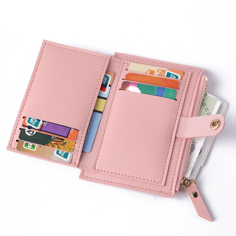 Women's Fashion Leather Credit Card Holder, Multi-Slot, Zipper, Wallet, Solid Color's Card Case With Mini Coin Purse