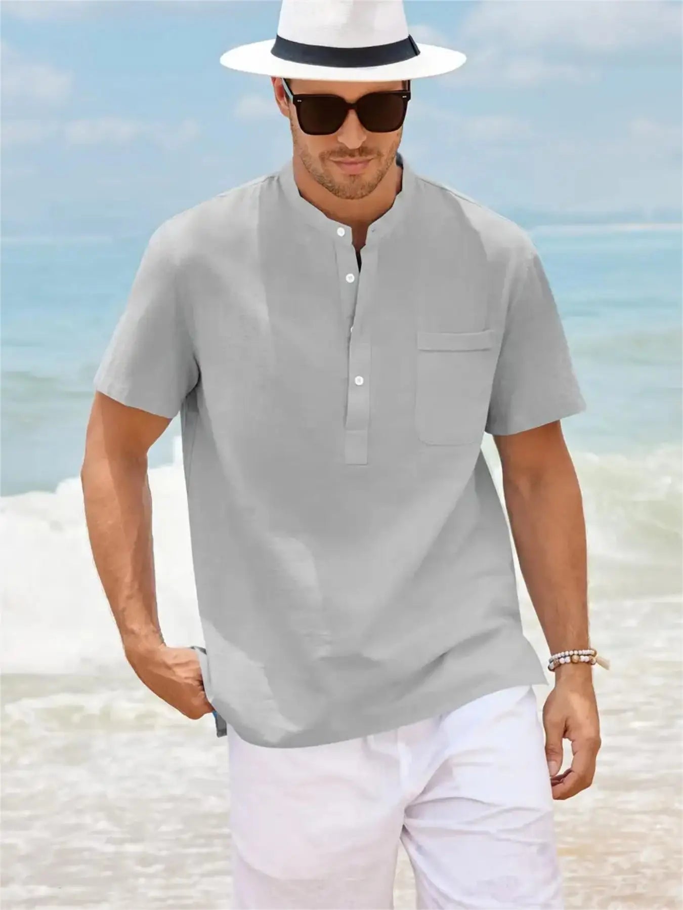 Men's Cotton/Linen Shirt With Pocket, Casual Polo Shirt....20% OFF!