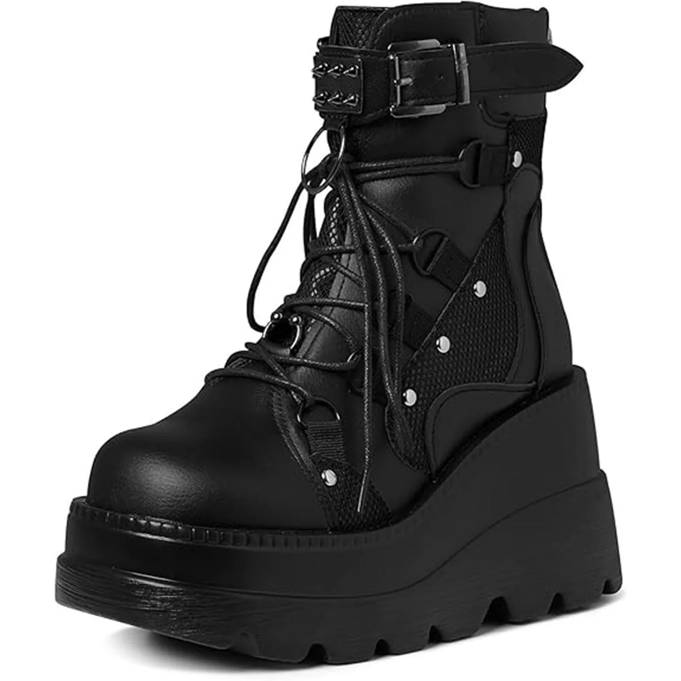 Women's Wedge Combat Ankle Boots, Stylish Punk Buckle Lace-Up Zipper & Buckle Strap....20% OFF!