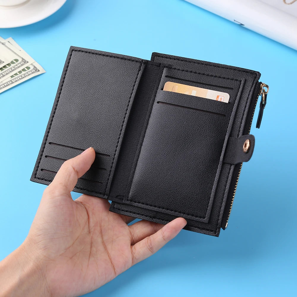 Women's Fashion Leather Credit Card Holder, Multi-Slot, Zipper, Wallet, Solid Color's Card Case With Mini Coin Purse