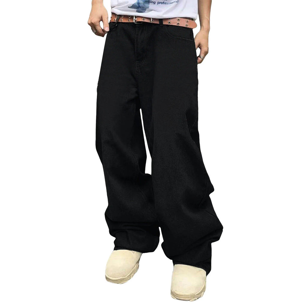 Men's Baggy Denim Pants, Wide Leg, High Waist, Belt Casual Pants, Loose Plus Size Stylish Streetwear