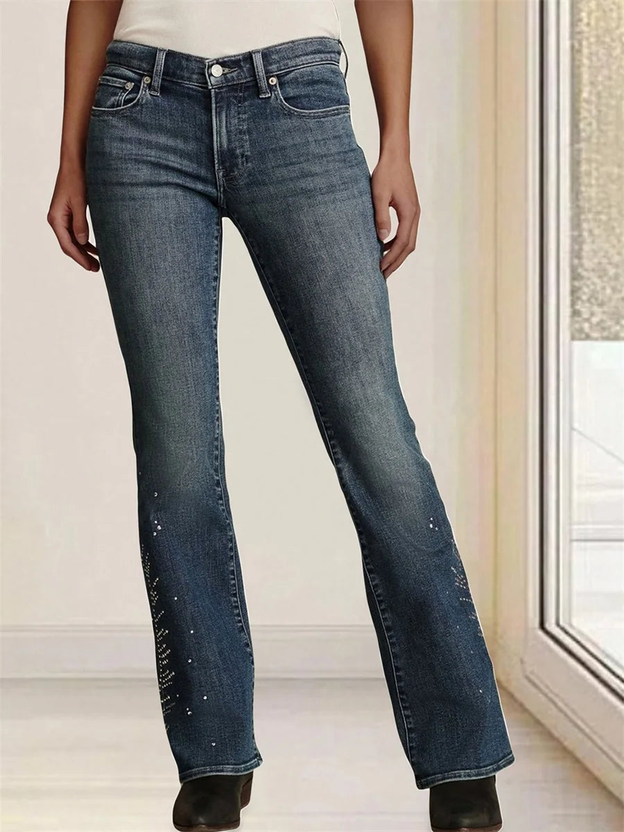 Women's High-Waisted Rhinestone Flared Jeans With Embellished Pockets & Frayed Hemline.....15% OFF!