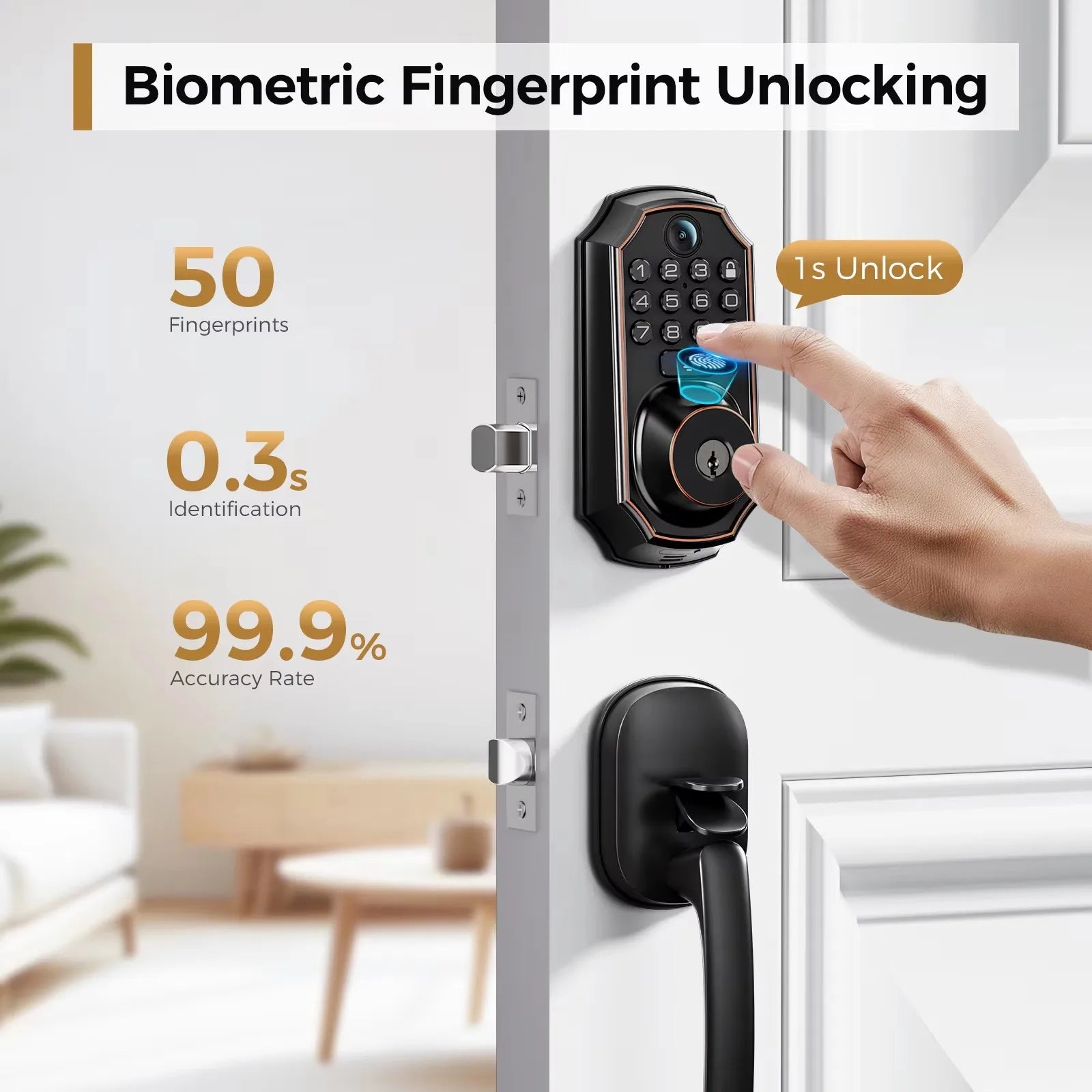 Smart Wi-Fi Keyless Door Lock With Camera, Bluetooth Technology, Users Can Unlock Front Door Lock Via APP Access, Fingerprint, Keypad Code or, Traditional Keys, Camera & Doorbell, 130 Wide Angle Lens, Two Way Microphone & Speaker....63.67 % OFF!