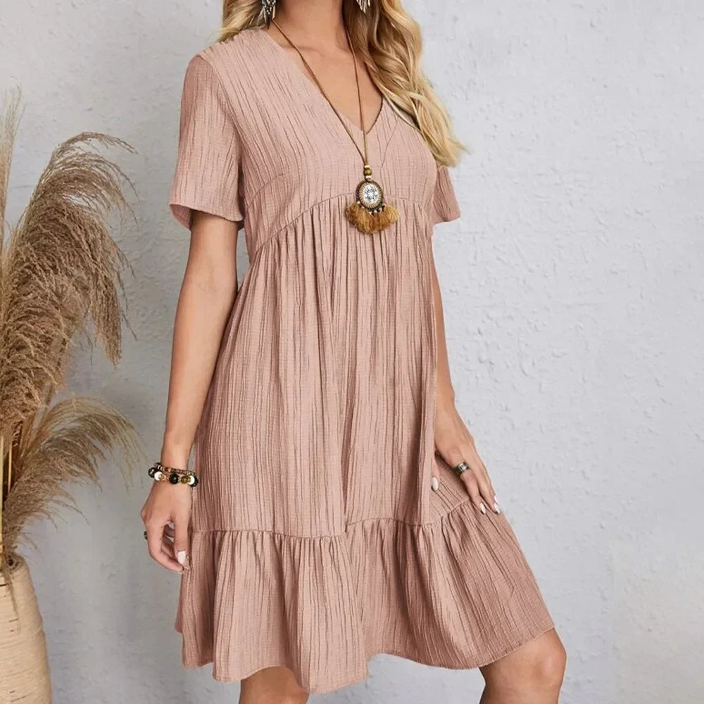 Women's V-Neck Short Sleeve Dress, Loose Waist, Ruffle Fit Flare....20% OFF!