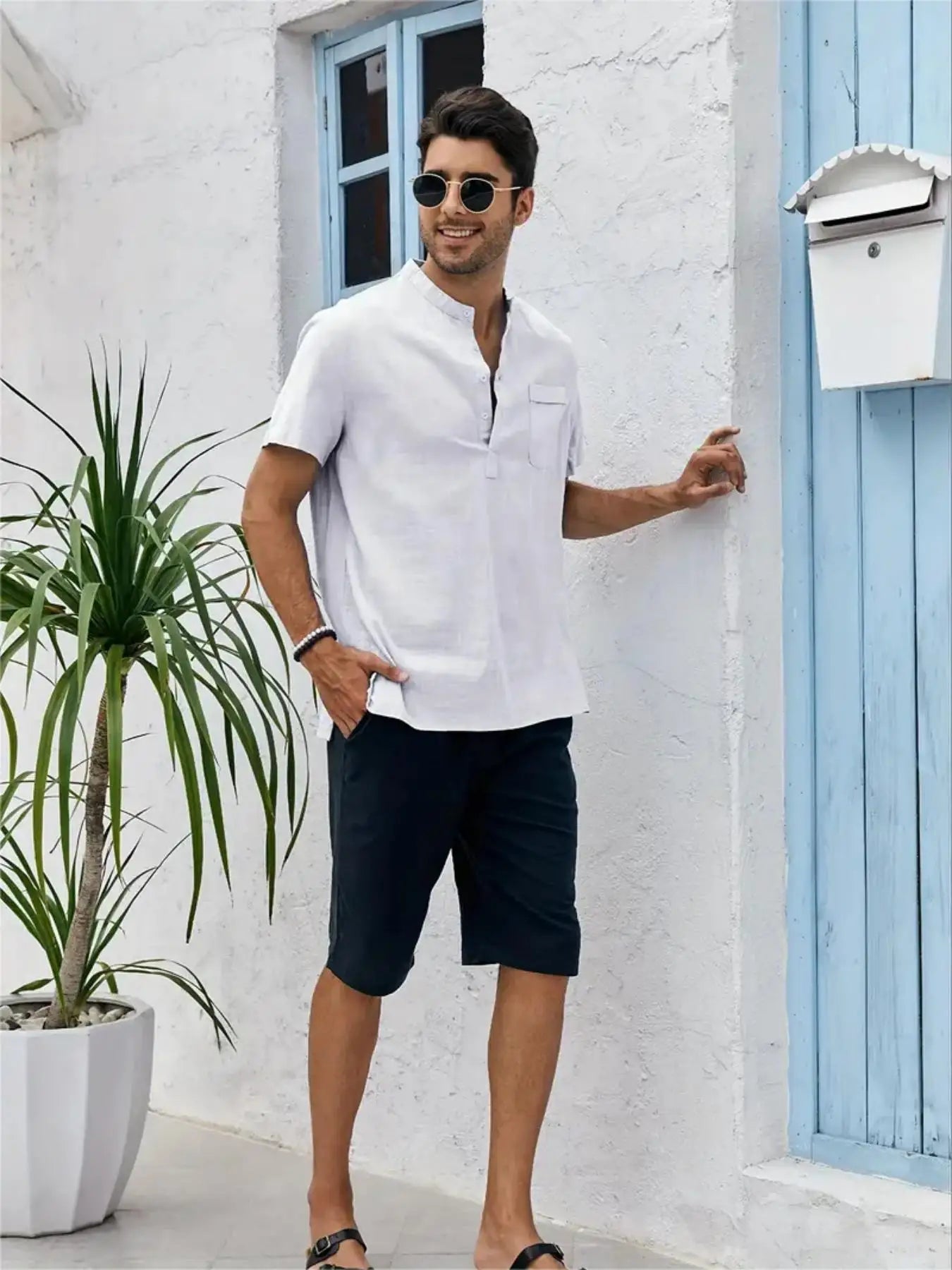 Men's Cotton/Linen Shirt With Pocket, Casual Polo Shirt....20% OFF!