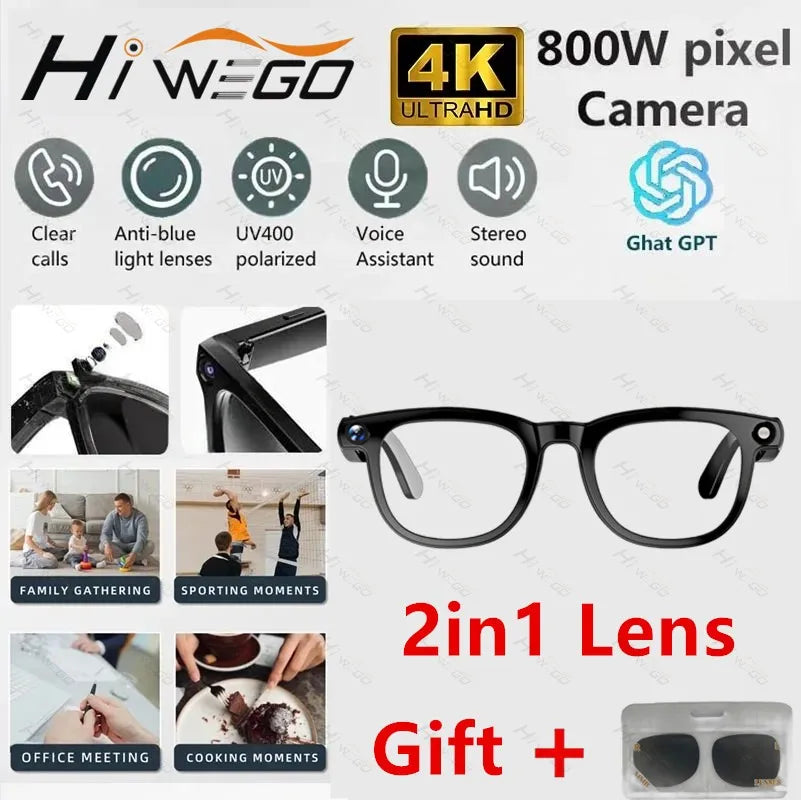 Smart AI Glasses, 2 in 1 4K, 800W Pixel AI Shooting Camera, HD Photo Video, Voice Call Translation, Waterproof, Bluetooth AI Glasses, Make/Receive Calls, Stereo Sound Music....42.83% OFF!