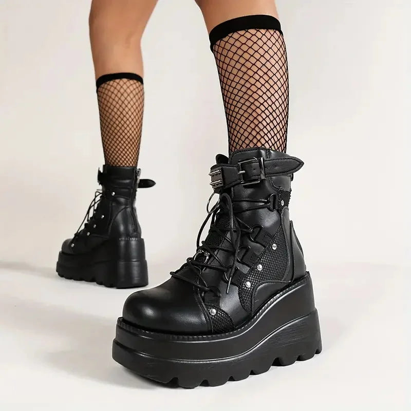 Women's Wedge Combat Ankle Boots, Stylish Punk Buckle Lace-Up Zipper & Buckle Strap....20% OFF!