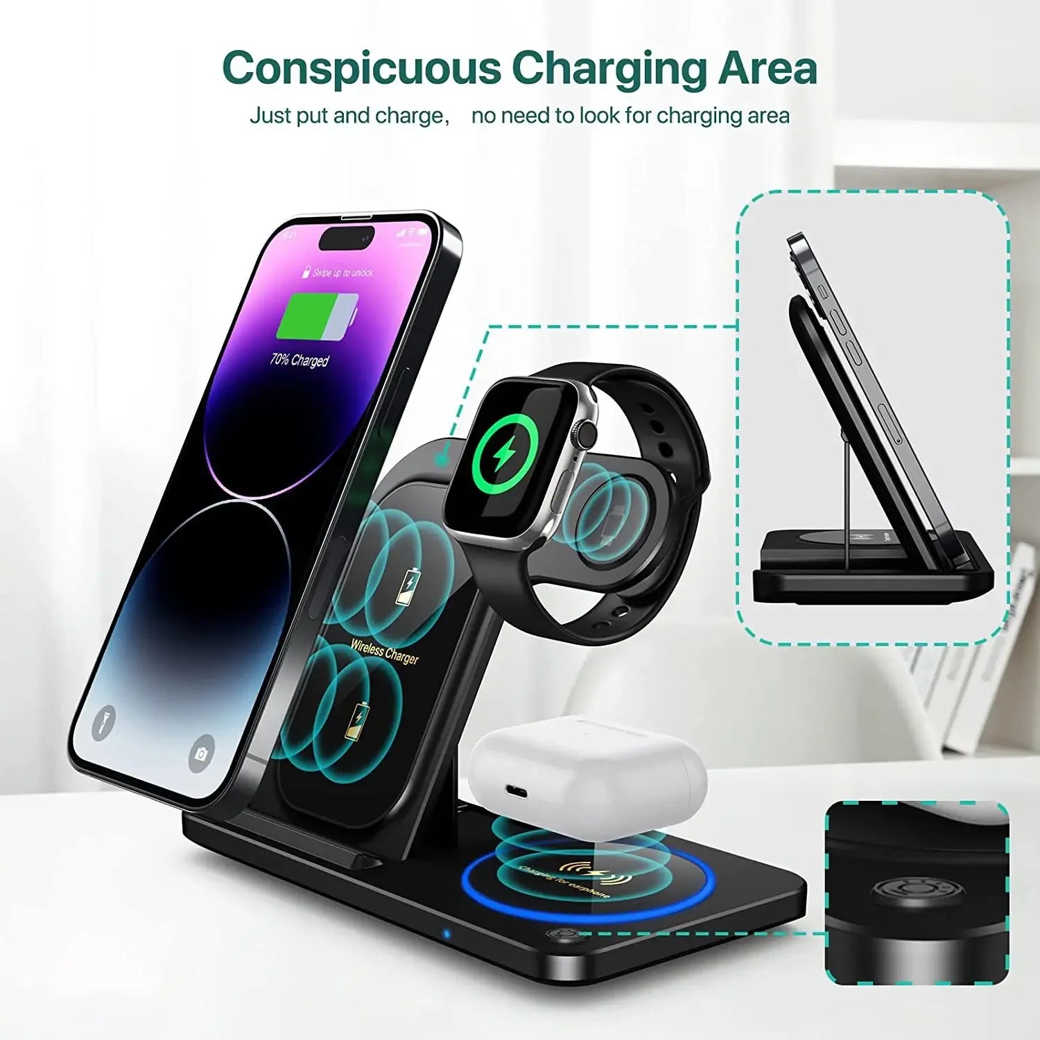 Wireless Charging Stand, 30W- 3 in 1 Fast Wireless Charger Stand, Foldable , Wireless Charging For iPhone 15 14 13 12 11, Apple Watch 9 8 7 6 5, Air Pods Pro. GAINING POPULARITY SINCE 02/07.