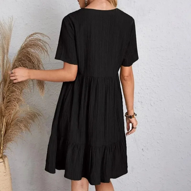 Women's V-Neck Short Sleeve Dress, Loose Waist, Ruffle Fit Flare....20% OFF!
