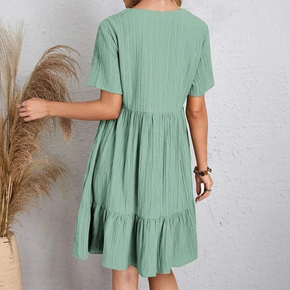 Women's V-Neck Short Sleeve Dress, Loose Waist, Ruffle Fit Flare....20% OFF!