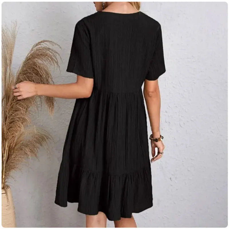 Women's V-Neck Short Sleeve Dress, Loose Waist, Ruffle Fit Flare....20% OFF!